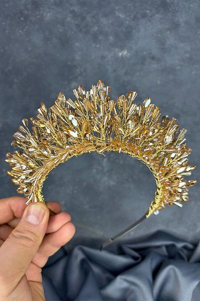 Hayalperest boncuk Honey Color Maria Intense Embroidered Crystal Bridal Henna Crown Hair Accessory