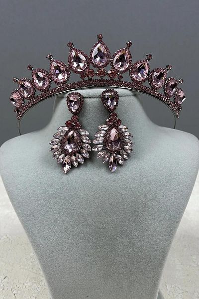 Hayalperest boncuk Neri Model Wedding Henna Costume Crown and Drop Shuttle Earrings Set Pink