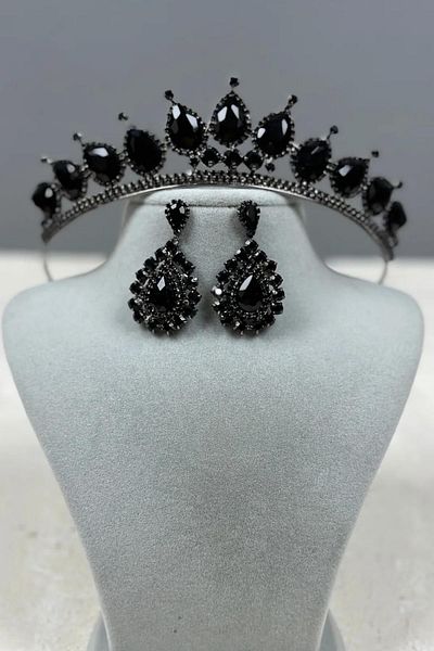 Hayalperest boncuk Neri Model Wedding Henna Costume Crown and Shuttle Drop Earrings Set Black
