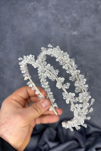 Hayalperest boncuk Transparent Pearl Sare Model Double Row Bridal Henna Crown Hair Accessory