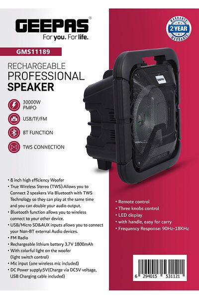 Geepas Re.Profsnl Spkr/Usb/Tf/Fm/Bt/Rmt 1x6