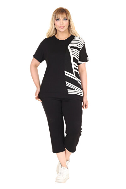 MELSAY Γυναικείο Μαύρο Λευκό Χοντρό Σετ Κοντομάνικο Κάπρι με λεπτομέρειες