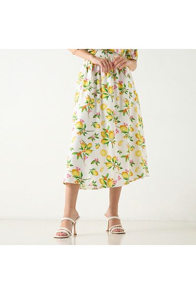 FAV All-Over Lemon Print Linen Blend Midi Skirt with Elasticated Waistband