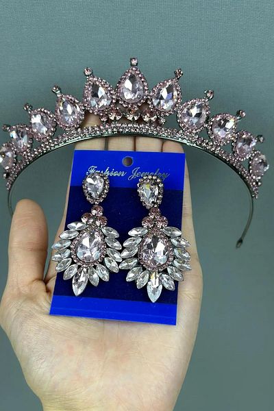 Hayalperest boncuk Neri Model Wedding Henna Costume Crown and Drop Shuttle Earrings Set Pink