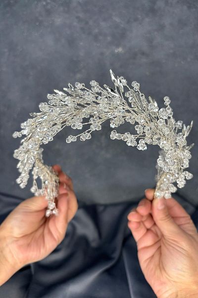 Hayalperest boncuk Transparent Silver Hera Crystal Beaded Bridal Henna Crown Hair and Turban Accessory