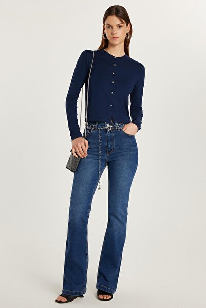 Tudors Kadın Regular Fit Likralı Ispanyol Paça Lacivert Jean Kot Pantolon