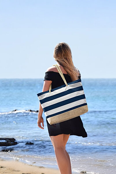 D'VERS Sötétkék víz- és homokálló juta szövet részletes nagy méretű strandtáska