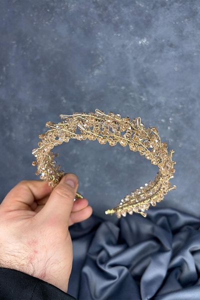 Hayalperest boncuk Honey Color Sare Model Double Row Bridal Henna Crown Hair Accessory