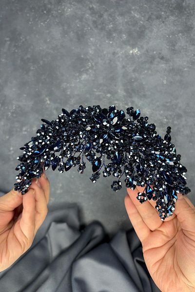 Hayalperest boncuk Navy Blue Elena Intense Bead Embroidered Bridal Crown Hair and Turban Accessory