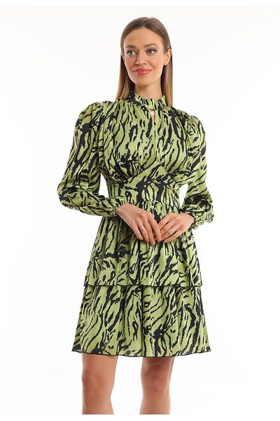 Miss Allos Women's Green Zebra Patterned Stand Collar Gathered Mini Length Satin Dress