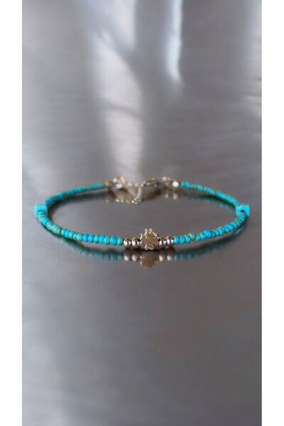 Bensei Takı Dükkanı BENSEİ Turkuaz ve Çelik Boncuklu ,Rodyum Kaplama Yonca Ak...