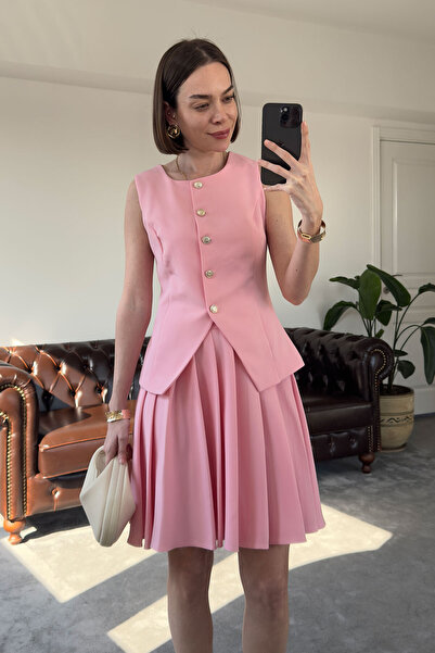 MAGARDE Piliseli Etekli Premium Yelekli Takım- PEMBE