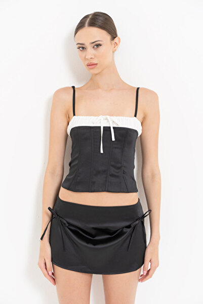 Kikiriki Black Contrast Detailed Satin Bustier & Mini Skirt Set