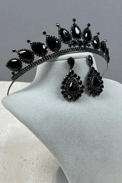 Hayalperest boncuk Neri Model Wedding Henna Costume Crown and Shuttle Drop Earrings Set Black