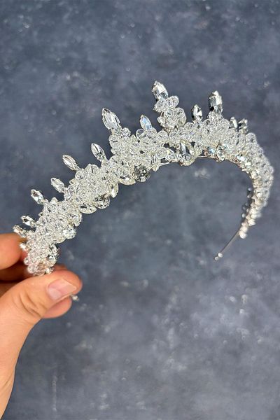 Hayalperest boncuk Transparent Silver Lycia Bead Embroidered Bridal Henna Crown