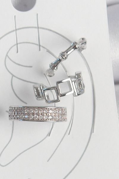 E BULURUM Brass Silver Color Zircon Stone 3-Piece Model Square Bamboo Model Women's Cartilage Earrings