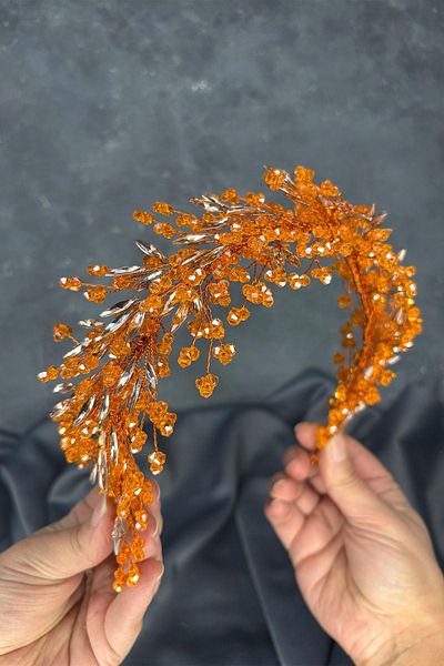 Hayalperest boncuk Orange Hera Crystal Beaded Bridal Henna Crown Hair and Turban Accessory