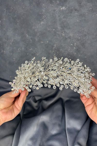 Hayalperest boncuk Transparent Silver Elisa Beaded Bridal Henna Crown Hair and Turban Accessory