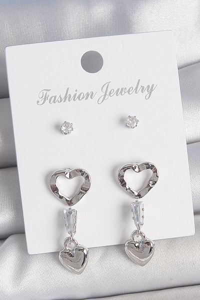E BULURUM Brass Silver Color Zircon Stone Detailed Dangle Model 2 Pair Women's Earring Set