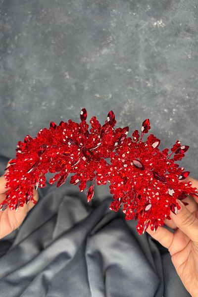 Hayalperest boncuk Red Elena Intense Bead Embroidered Bridal Crown Hair and Turban Accessory