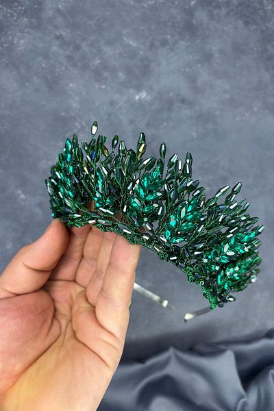 Hayalperest boncuk Emerald Green Elisa Design Beaded Bridal Henna Crown Hair Accessory