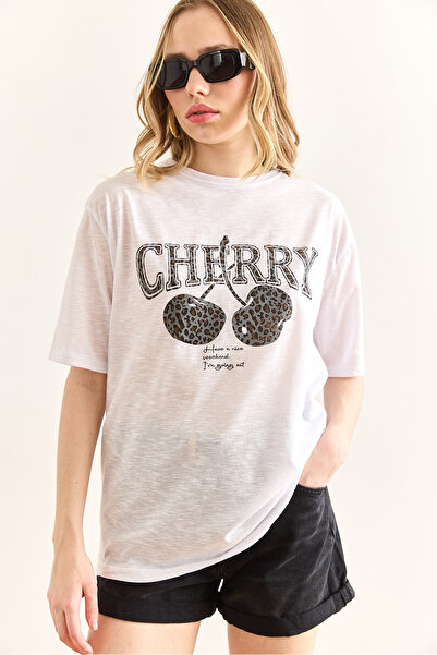 Olalook Γυναικείο μπλουζάκι με στάμπα λευκό κεράσι TSH-19000917