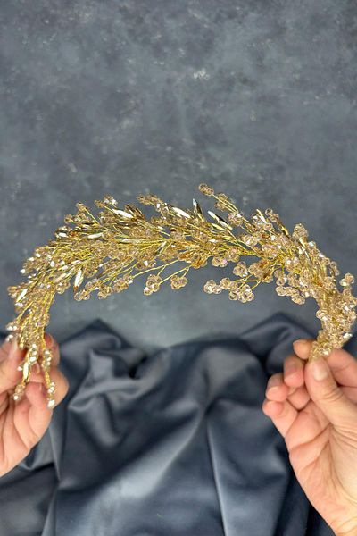 Hayalperest boncuk Honey Color Hera Crystal Beaded Bridal Henna Crown Hair and Turban Accessory