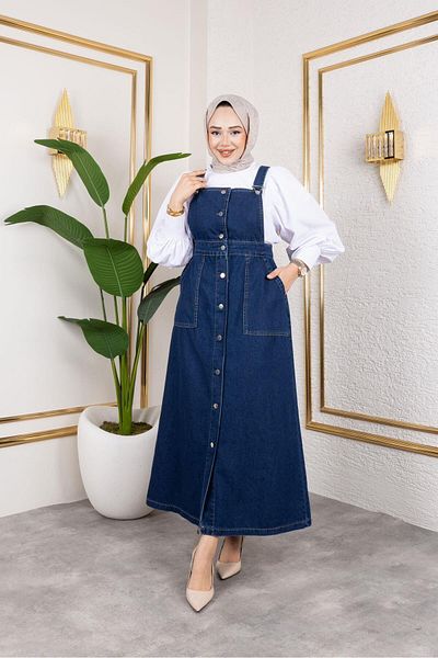 HARMAN BUTİK Women's Strappy Navy Blue Denim Salopet