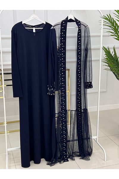 VALENS BOUTİQUE Γυναικείο Σετ Hijab Abaya, Μακρυμάνικο Φόρεμα και Τούλι Abaya