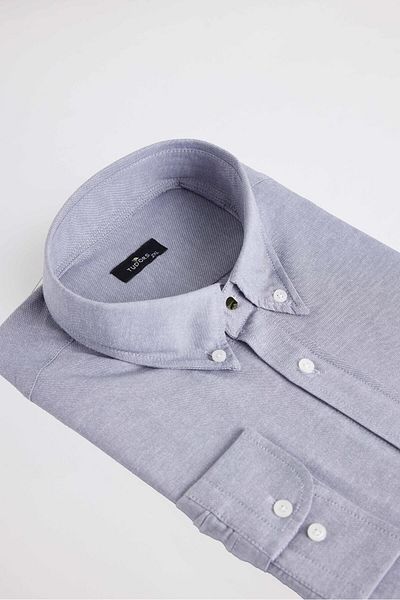Tudors Γκρι Oxford Texture Lapel Ανδρικό πουκάμισο μεγάλου μεγέθους - Μακρύ μανίκι, κέντημα και τσέπη με κουμπιά