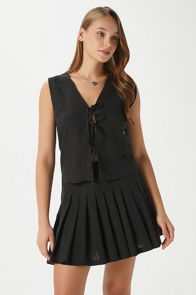 Ritnice Women's Zera Linen Cotton Black Vest Waist Elastic Skirt Bottom Top Set