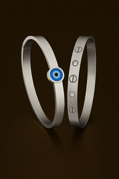 pullmarkt Set of 2 Bracelets - Evil Eye Handcuff Bracelet and Stone Handcuff Bracelet Ser