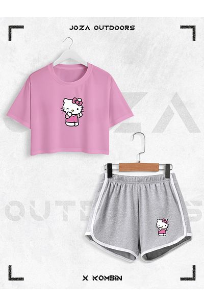 Jobia Outdoors Women's Hello Kitty Printed Design Summer Oversize Crop and Bias Shorts 2 Piece Set