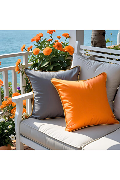 Bc Home Set of 2 Gray - Orange Throw Pillow Covers with Gold Edge Piping, Sof...