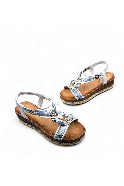 Guja Women's White Stylish Sports Sandals with Wedge Sole Espadrille Detail, Elastic and Stones