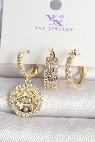 Skygo Brass Gold Color Zircon Stone Eye Embroidered Model 3-Piece Women's Combination Earrings - Tj-Bkp10435