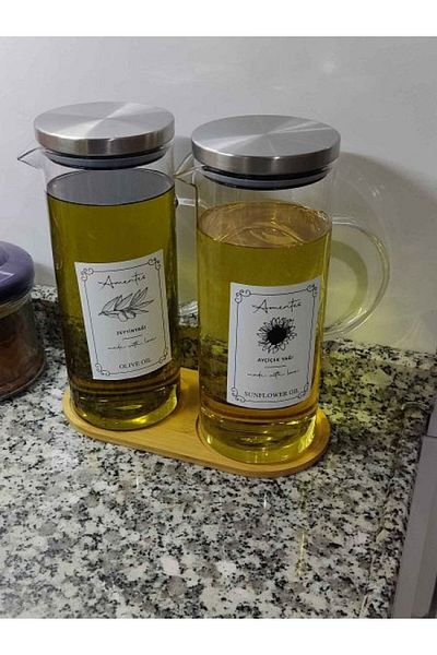 Amentes Steel Lid Vacuum Borosilicate 2 Glass Oil Bottles 1 Base Set of 3 Oil Bottle Sticker Gift