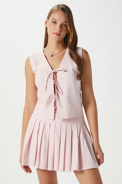 Ritnice Women's Zera Linen Cotton Pink Vest Waist Elastic Skirt Bottom Top Set