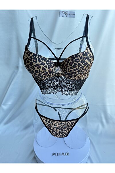 Nuzabi Set bustieră leopard pentru femei Juliet, cu umplutură și șnururi încr...