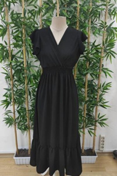 Mossta Double Breasted Collar Elastic Waist Aerobin Dress - Black