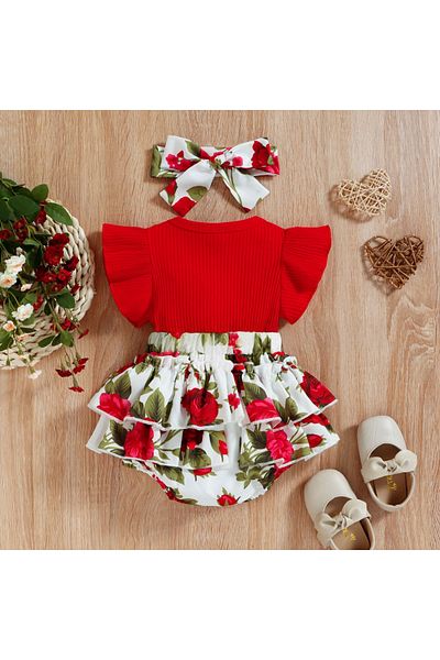 nannie Red Bodysuit For Girls Floral Print Erica - 3-6 Months