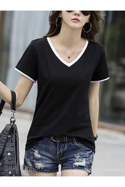 LG LAGULER Casual Stylish Comfortable Fit Contrast Striped V-Neck Short-Sleeved Summer-T-Shirt for Ladies with White Accents