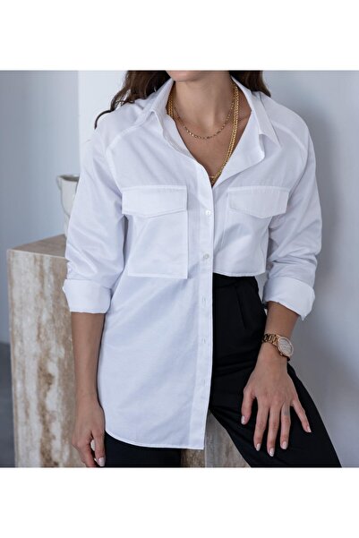 MERGAZZER قميص نسائي أبيض بجيب وسحاب خلفي