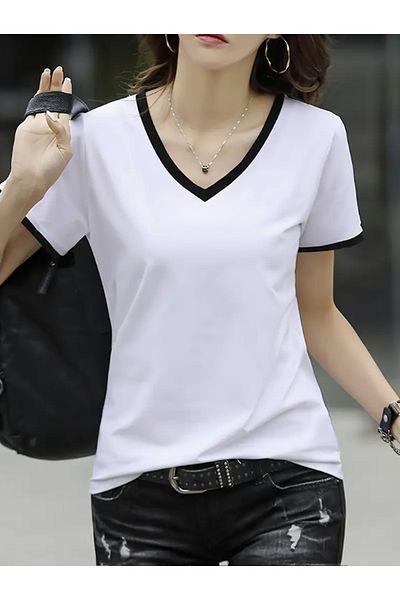 LG LAGULER Casual Stylish Comfortable Fit Contrast Striped V-Neck Short-Sleeved Summer-T-Shirt for Ladies with Black Accents