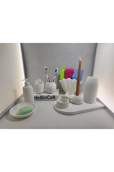 BLANJ 10 Pieces Plain White Concrete Bathroom Set Solid & Liquid Soap Dispenser Toothbrush Holder Towel Holder Rainbow Tray