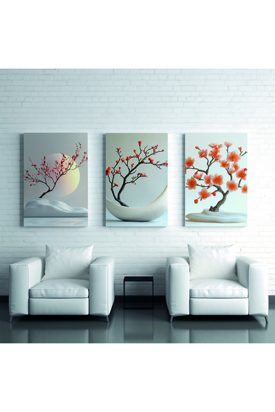 Store Minimalist Tasarımla Yükselen Kırmızı Kiraz Çiçeği 3 Parça Premium Kanvas Tablo