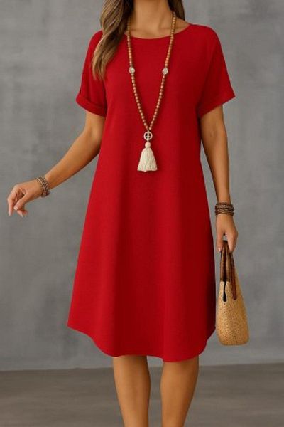 Mossta Short Sleeve Boat Neck Wrap Dress - Red