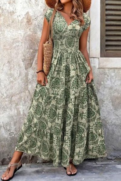 Mossta Patterned Double Breasted Collar Short Sleeve Maxi Length Single Jersey Dress - Patterned
