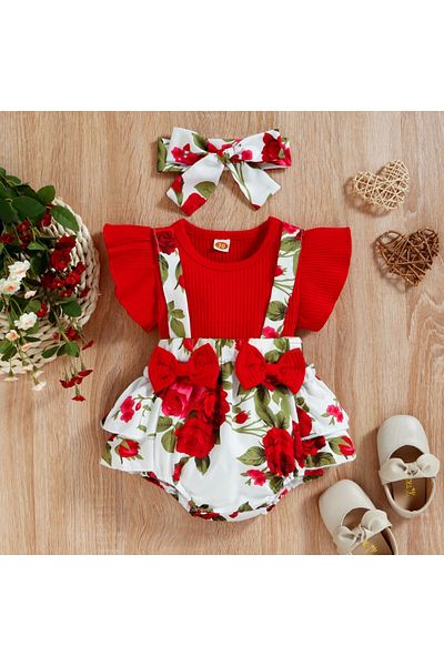 nannie Red Bodysuit For Girls Floral Print Erica - 3-6 Months