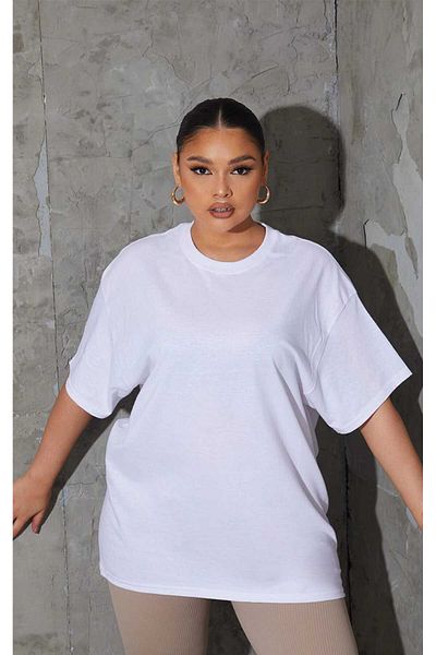 LADY HAZAL Λευκό ποδήλατο Oversize Unisex T-shirt Plus Size Συμπαγές χτενισμένο βαμβακερό αθλητικό μπλουζάκι με άνετη εφαρμογή